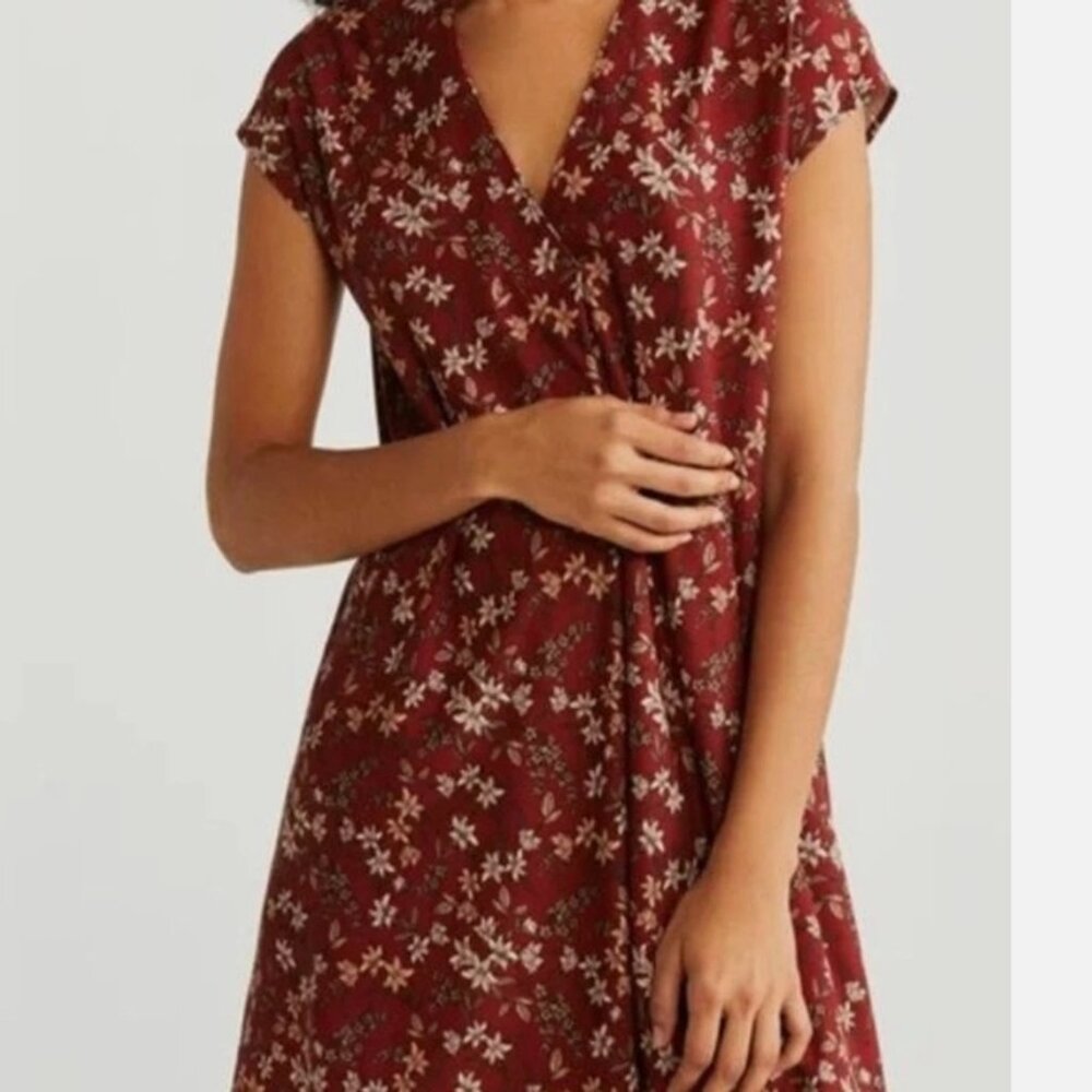 MNG Mango Red Floral V-Neck Mini Dress XS Boho Cottagecore Fall Chic Feminine